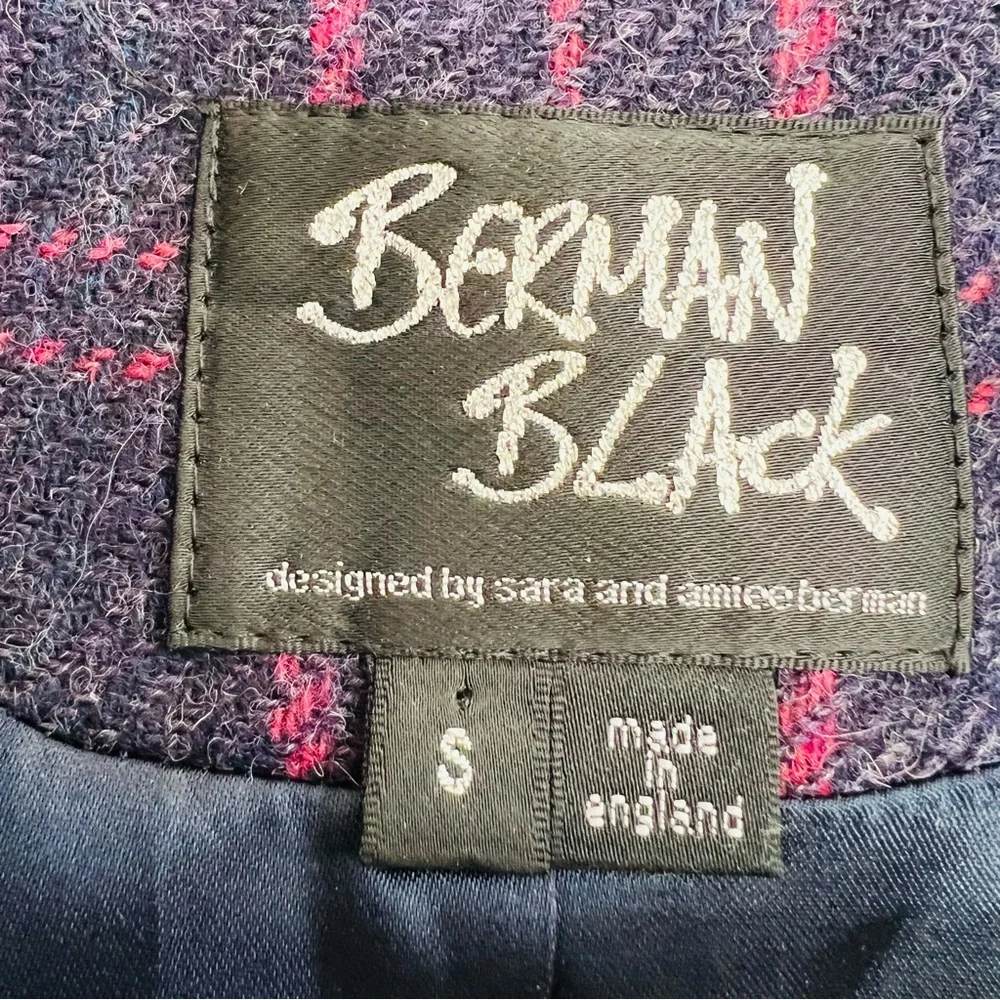 🛑SOLD BERMAN BLACK Plaid Wool Ruffle Peacoat in Navy/Purple Size S - Picture 9 of 11